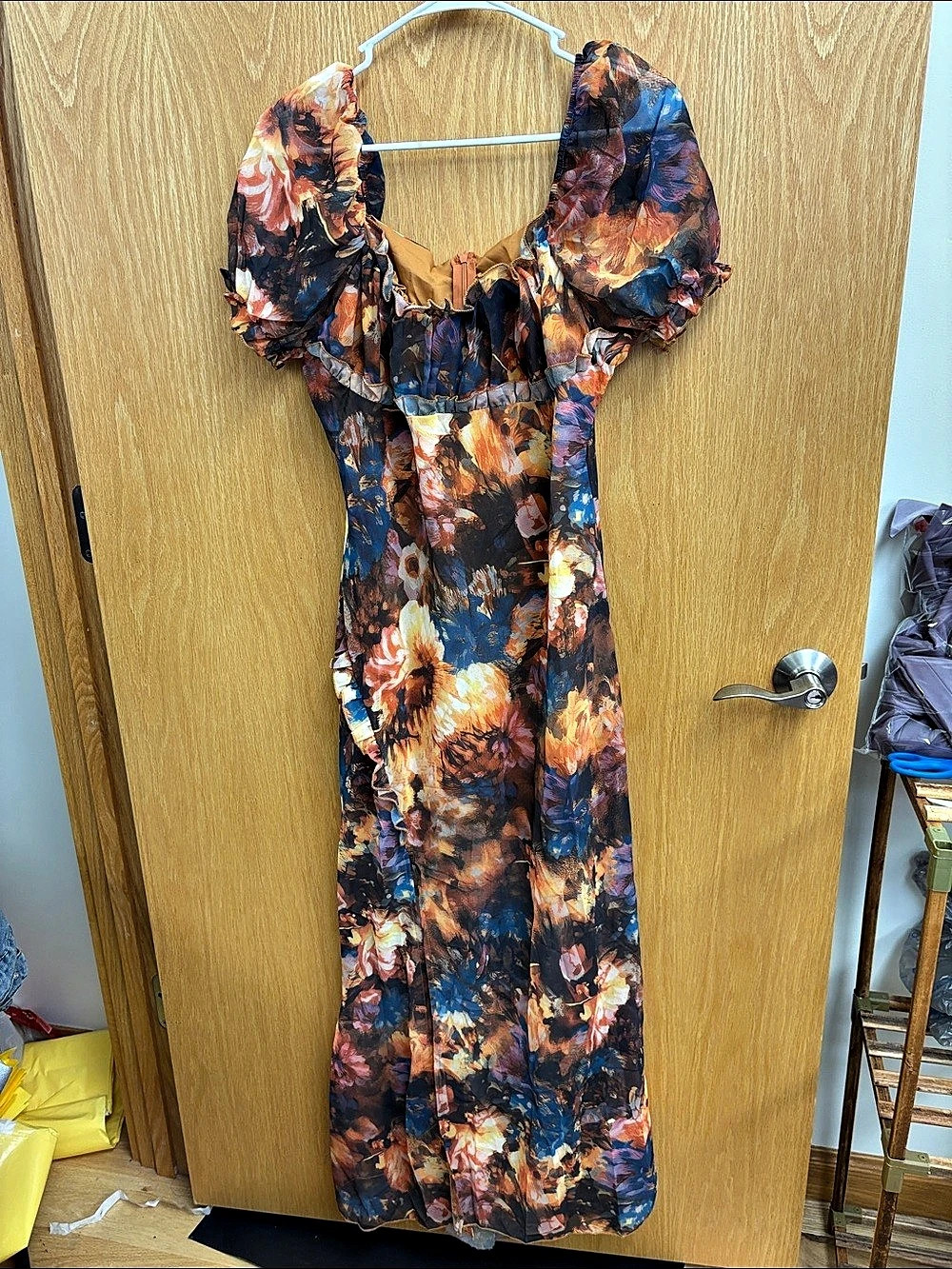 Floral Puff Sleeve Maxi Dress in Blue & Orange Like New